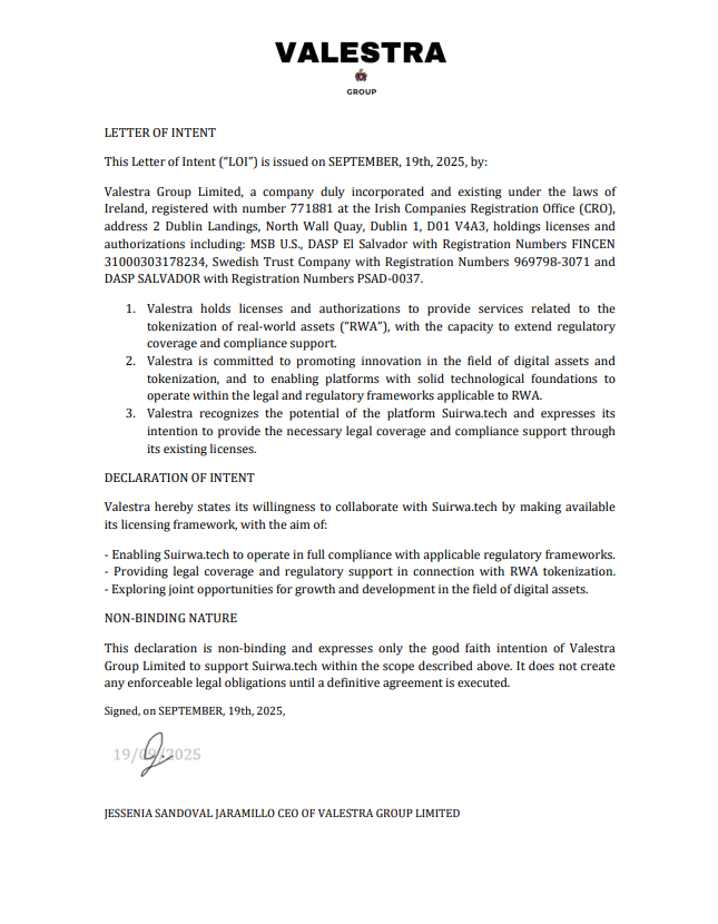 Valestra Letter of Intent for SUI-RWA